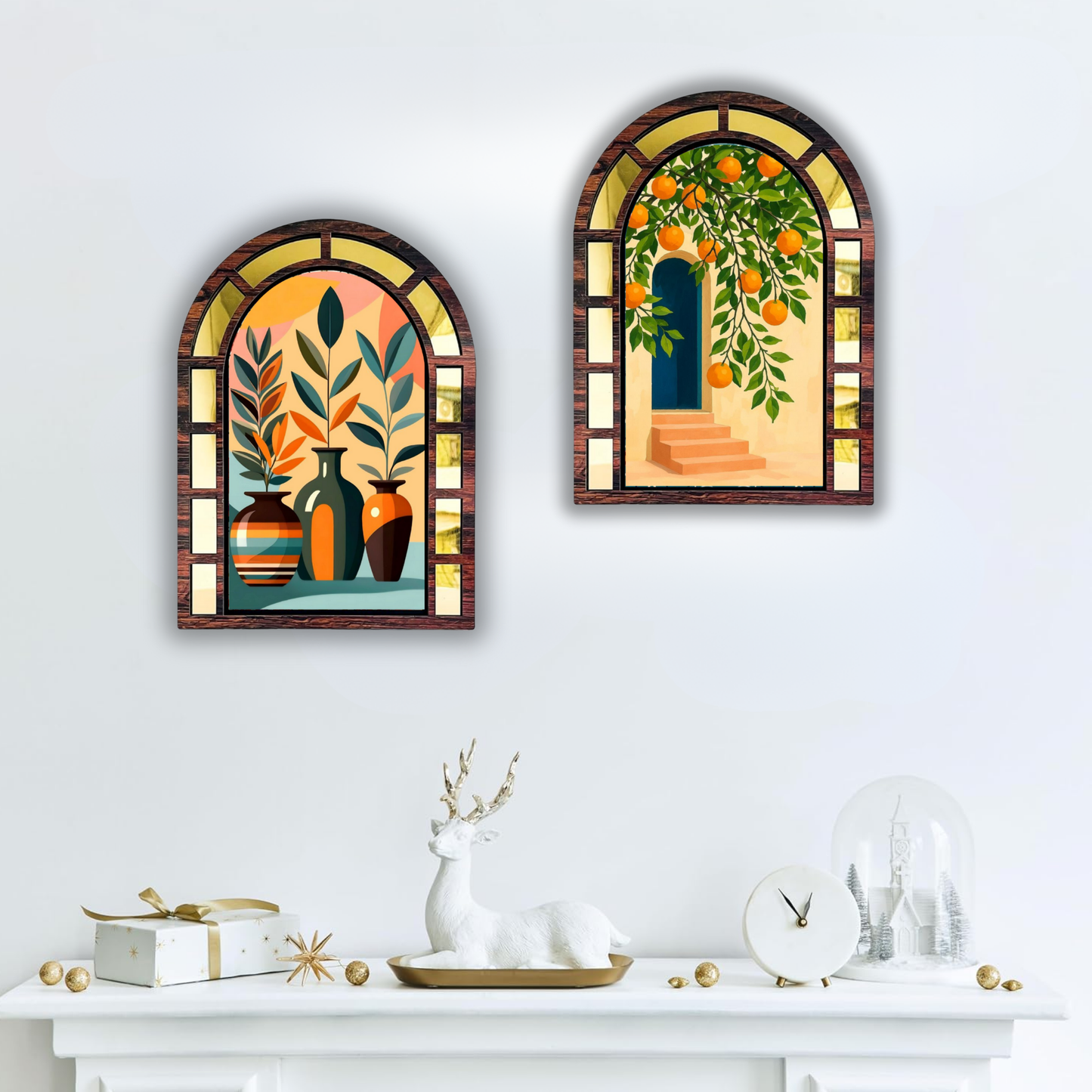 Vintage Charm Floral Jharokha styled Wall Hanging -Set of 2